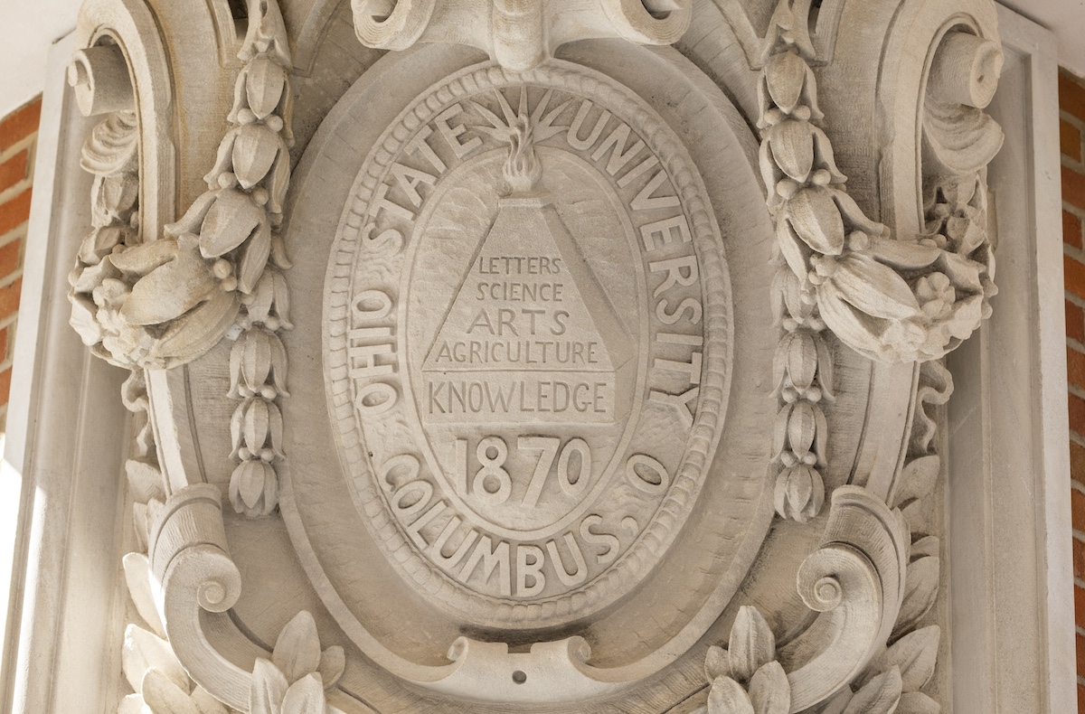 Seal of The Ohio State University in the Oval at Ohio State.