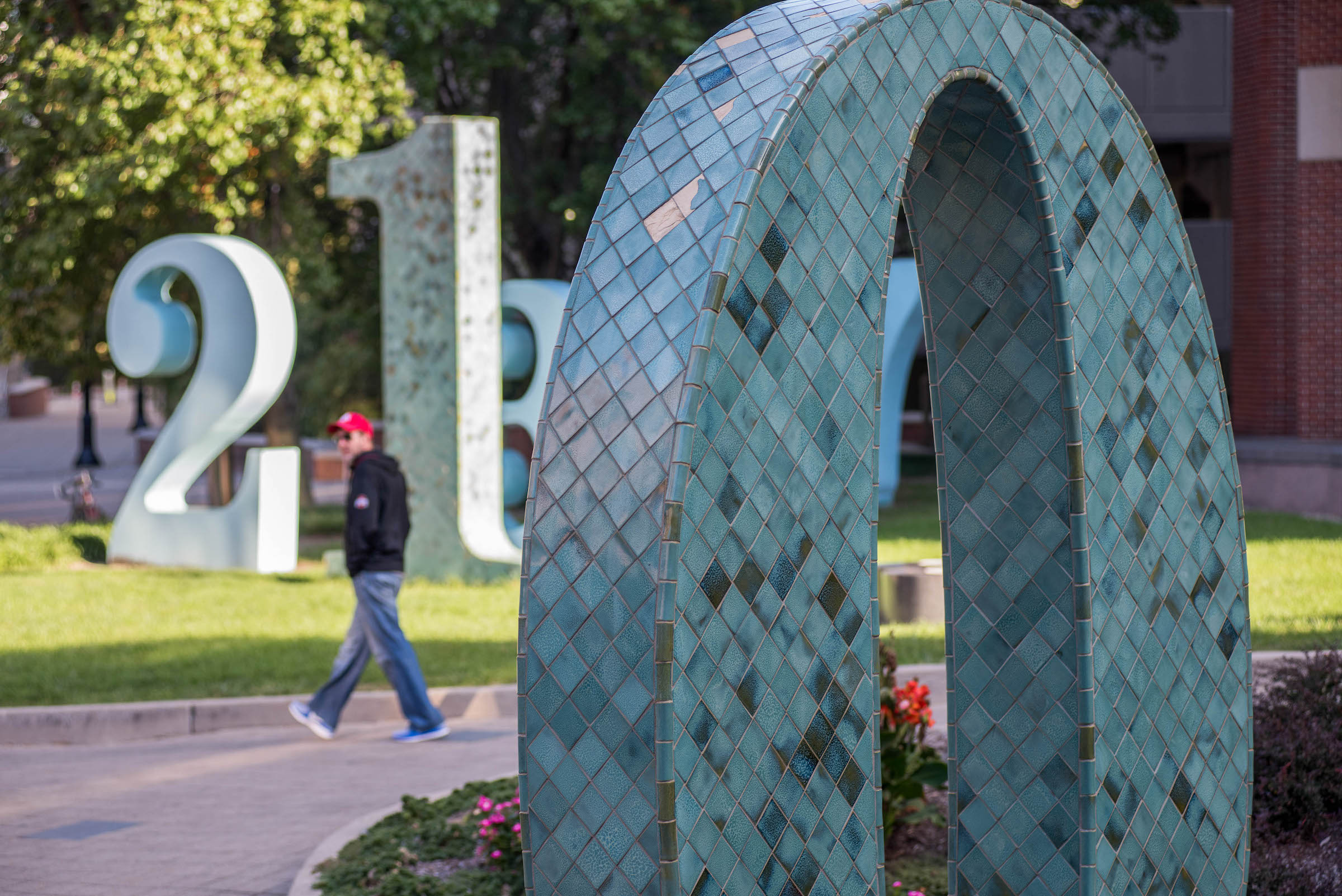 Close up photo of the constants sculptures on the Ohio State University.