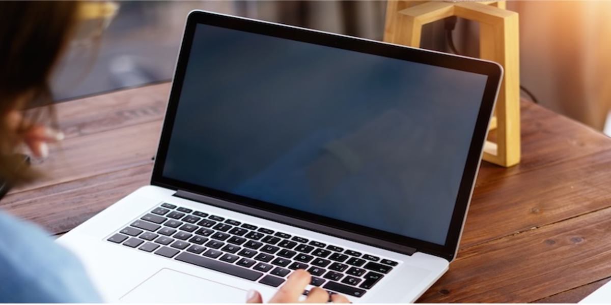 A female sits in front of a silver laptop computer.