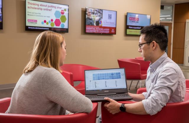 Two faculty members sit in a lounge and looks at a shared screen.