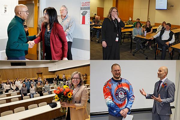 Collage of faculty being surprised with awards